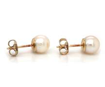 Nice Yellow Gold 6.5-7mm Pearl and Ruby Earrings