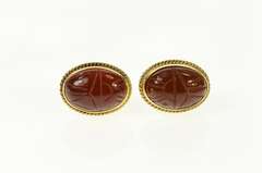 14K Yellow Gold Carved Carnelian Scarab Retro Stud Earrings