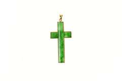 18K Yellow Gold Carved Ornate Jade Cross Christian Faith Pendant