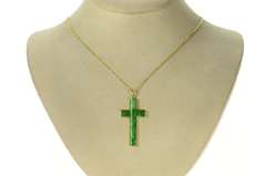 18K Yellow Gold Carved Ornate Jade Cross Christian Faith Pendant