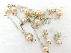 Sterling Pink Pearls Y Necklace & Earrings