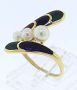 Glowing Yellow Gold Mikimoto Pearl and Enamel Bypass Ring