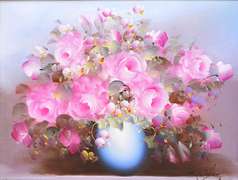 Vintage Still Life With Pink Roses in Vase, Signed Original Oil Painting on Canvas