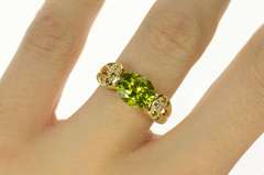 14K Yellow Gold Oval Peridot Green Diamond Accent Statement Ring