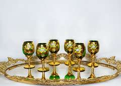 Vintage Italian Hand Painted Gold and Emerald Green Cordial Footed Glasses With Enamel Flowers, Set of Six