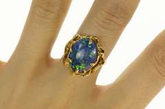 14K Yellow Gold Ornate Retro Sim. Black Opal Vine Cocktail Ring
