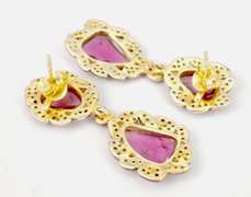Dreamy Natural Pink Tourmaline Set in Gold Plated Sterling Silver Earrings with Diamond Accents