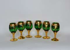 Vintage Italian Hand Painted Gold and Emerald Green Cordial Footed Glasses With Enamel Flowers, Set of Six