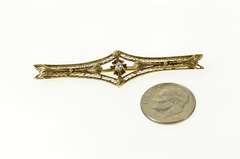 14K Yellow Gold Art Deco Diamond Ornate Filigree Bar Pin/Brooch
