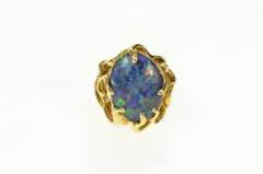 14K Yellow Gold Ornate Retro Sim. Black Opal Vine Cocktail Ring
