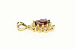 14K Yellow Gold Pear Ruby CZ Halo Ornate Statement Pendant