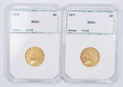 Lot (2) 1910 & 1911 $5.00 Indian Head Gold Half Eagles - Graded PCI