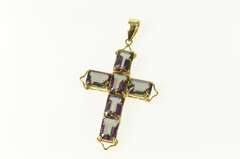 14K Yellow Gold Emerald Cut Mystic Topaz Cross Christian Pendant