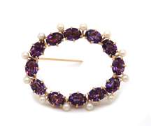 Retro 14kt YG Oval Amethyst and Pearl Brooch