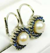 Exquisite 18K Pearls & Sapphires Pierced Earrings