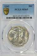 Solid Gem BU 1942 Walking Liberty Half Dollar. PCGS MS65