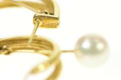 14K Yellow Gold Pearl Pendulum Drop Bar Semi Hoop Statement Earrings