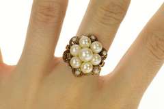 14K Yellow Gold 1950's Ornate Pearl Cluster Cocktail Ring