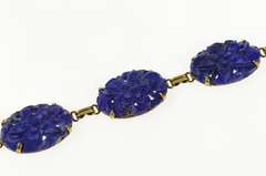 14K Yellow Gold Carved Floral Lapis Lazuli Statement Bracelet