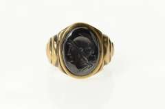 10K Yellow Gold Ornate Carved Hematite Intaglio Retro Ring