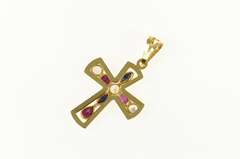 14K Yellow Gold Diamond Ruby Sapphire Cross Christian Faith Pendant
