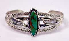 Intricate Native American Sterling Silver Bracelet with Large Green Center Turquoise