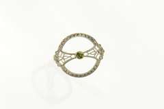 14K White Gold Green Tourmaline Art Deco Filigree Round Pin/Brooch