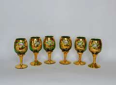 Vintage Italian Hand Painted Gold and Emerald Green Cordial Footed Glasses With Enamel Flowers, Set of Six