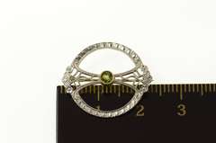 14K White Gold Green Tourmaline Art Deco Filigree Round Pin/Brooch