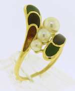 Glowing Yellow Gold Mikimoto Pearl and Enamel Bypass Ring