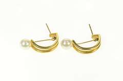 14K Yellow Gold Pearl Pendulum Drop Bar Semi Hoop Statement Earrings