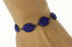 14K Yellow Gold Carved Floral Lapis Lazuli Statement Bracelet