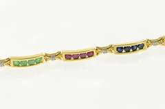 14K Yellow Gold Ruby Emerald Sapphire Diamond Bar Link Bracelet
