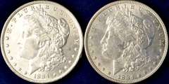 2 1884 Morgan Silver Dollars P & O Mint Marks. About Uncirculated.