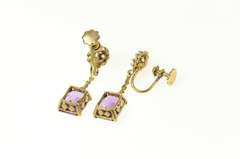 18K Yellow Gold Victorian Amethyst CZ Dangle Screw Back Earrings