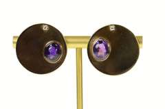 14K Yellow Gold Retro Amethyst Diamond Circle French Clip Earrings