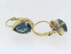 Fabulous Yellow Gold Pear Blue Topaz Dangle Earrings