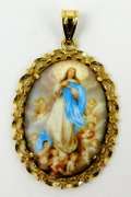 Beautiful 14K Handpainted Madonna & Angels Pendant