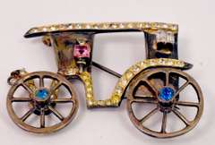 Whimsical Sterling Silver Horse Carriage Brooch with Multi-Colored Crystal Accents