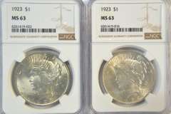 2 Blazing Choice BU 1923 Peace Silver Dollars. NGC MS63