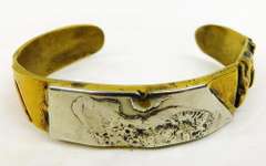 Signed Brutalist Sterling, Copper, Brass Cuff Bracelet