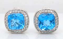 Powerful White Gold Cushion Blue Topaz and Diamond Earrings
