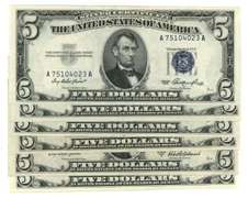 6 Choice Crisp Uncirculated 1953 $5 Blue Seal Silver Certs