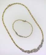 Eyecatching Yellow Gold Leaf Style CZ Necklace w Matching Bracelet