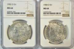 Blazing 1902-O & 1904-O Morgan Silver Dollars. NGC MS64