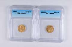 Lot (2) MS65 1925-D & 1927 $2.50 Indian Head Gold Quarter Eagles - ICG