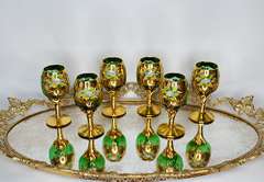 Vintage Italian Hand Painted Gold and Emerald Green Cordial Footed Glasses With Enamel Flowers, Set of Six