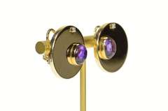 14K Yellow Gold Retro Amethyst Diamond Circle French Clip Earrings
