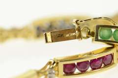 14K Yellow Gold Ruby Emerald Sapphire Diamond Bar Link Bracelet