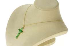 18K Yellow Gold Carved Ornate Jade Cross Christian Faith Pendant
